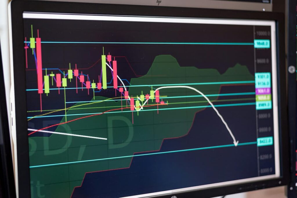 Cryptocurrency trading chart with candlestick analysis showing Bitcoin price decline and technical support resistance levels